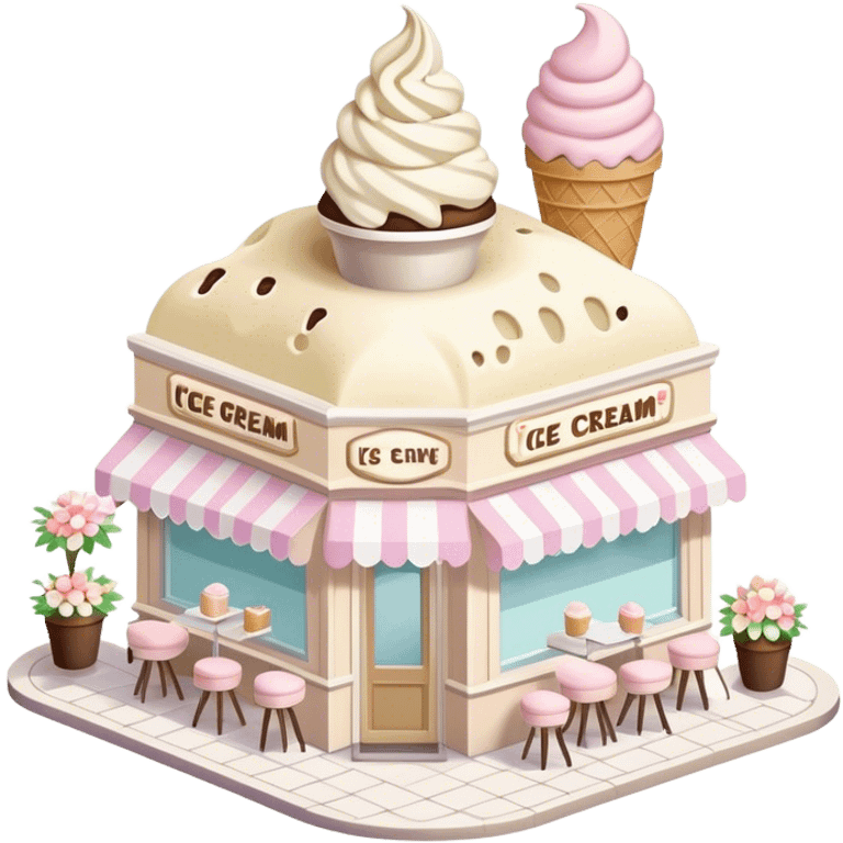 isometric exterior little beige and white ice cream parlour with abundant pastel florals everywhere emoji