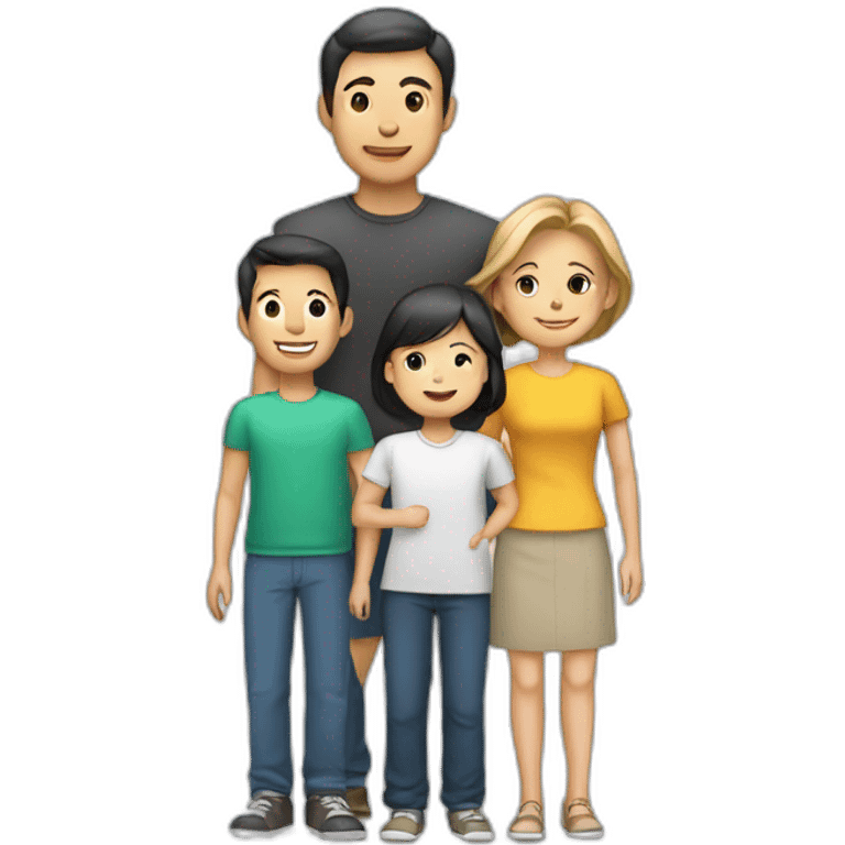 family with asian man, white woman, 2 boys and 1 girl. exactly 5 people. emoji