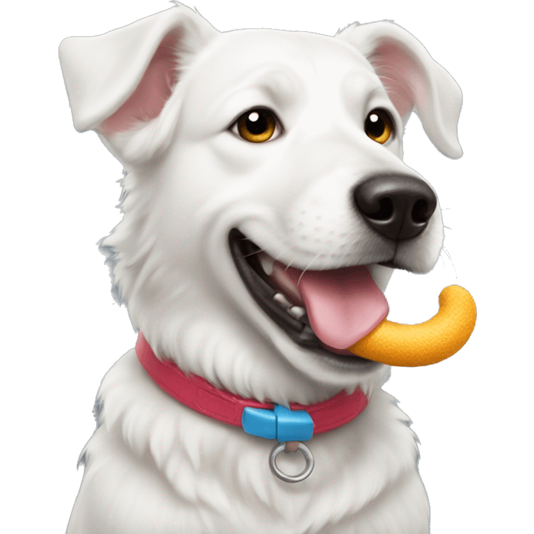 White dog with a toy in his mouth emoji