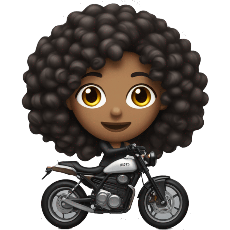 A brown skin girl with shoulder length curly black hair on a black sports bike  emoji