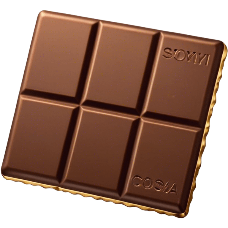 Cinematic silky dark chocolate bar, broken into perfect squares, rich cocoa tones, slightly melting edges, fine texture and decadent shine, warm golden highlights, tempting and rich. emoji