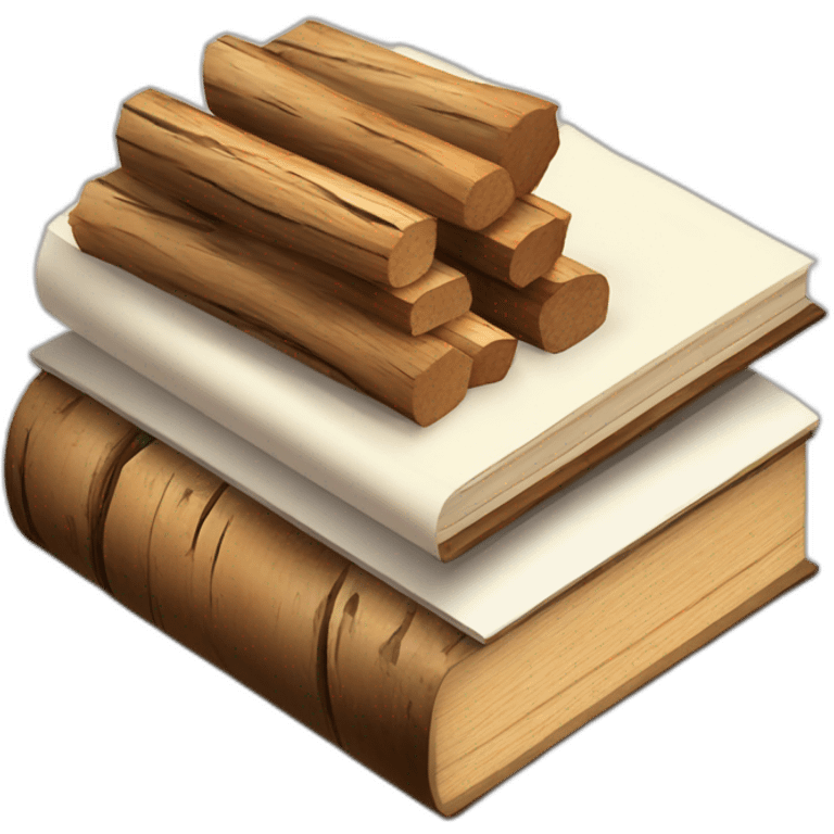 isometric BOOK with picture of wood logs, metal rods, fabric, tools emoji