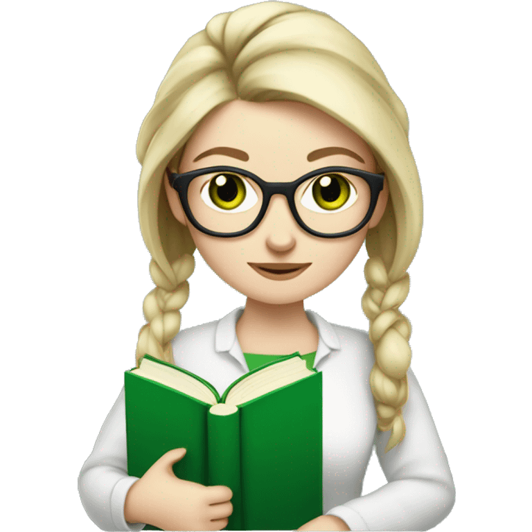 pale skin woman ponytail no bangs glasses green eyes holding books library emoji