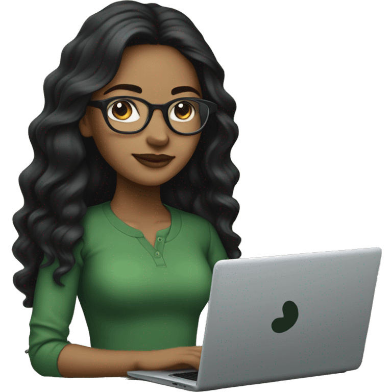 Light brown-skinned girl with long, wavy black hair, with clear glasses wearing a black laptop, wearing a green shirt. emoji