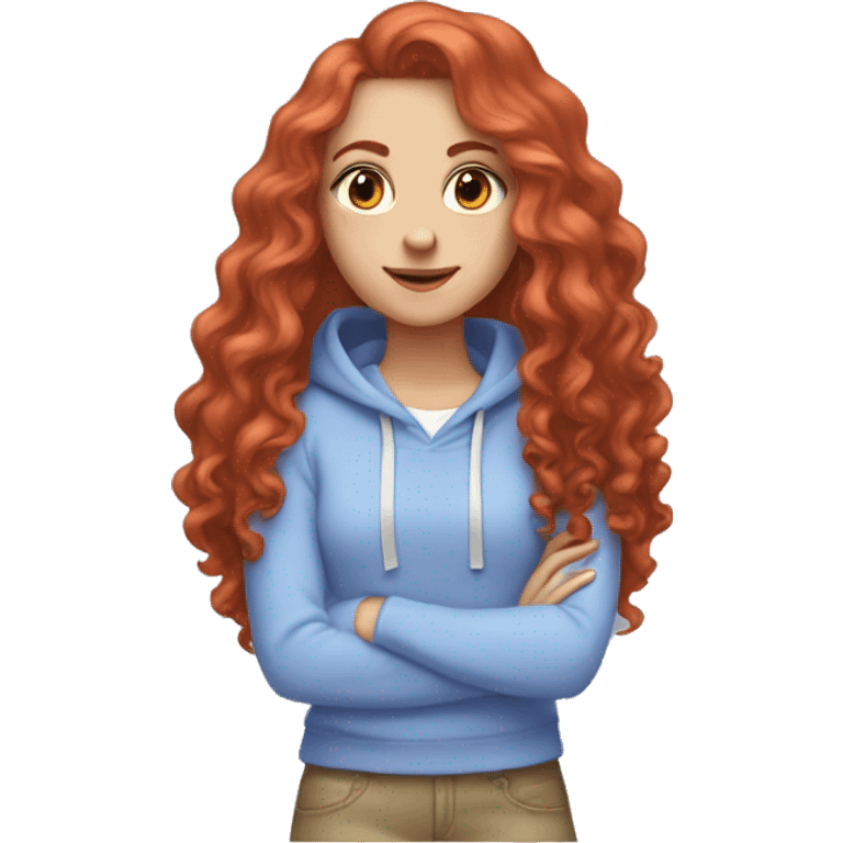 a white girl with long red curly hair, wearing a pastel periwinkle hoodie doing a pose emoji