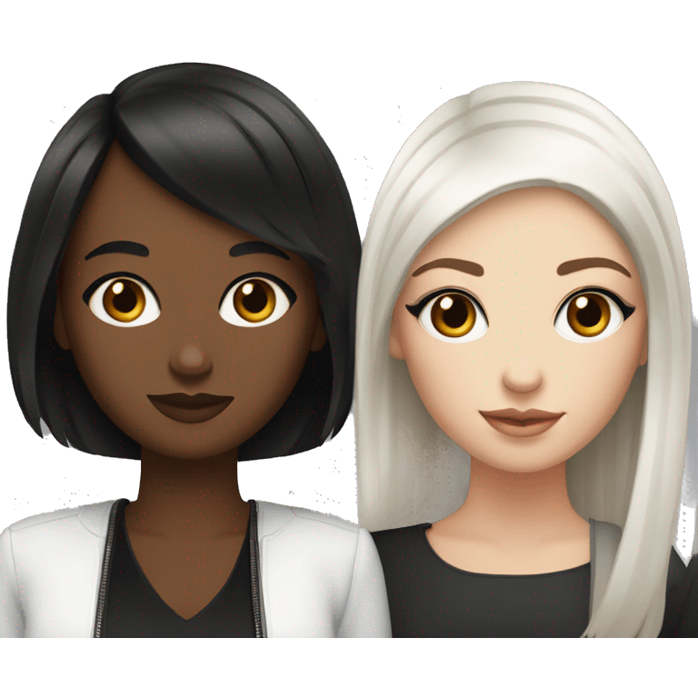 Two white girlfriends. One with brown hair in square, the other with black hair, bangs and a square. In fashionable clothes and beautiful modern makeup emoji