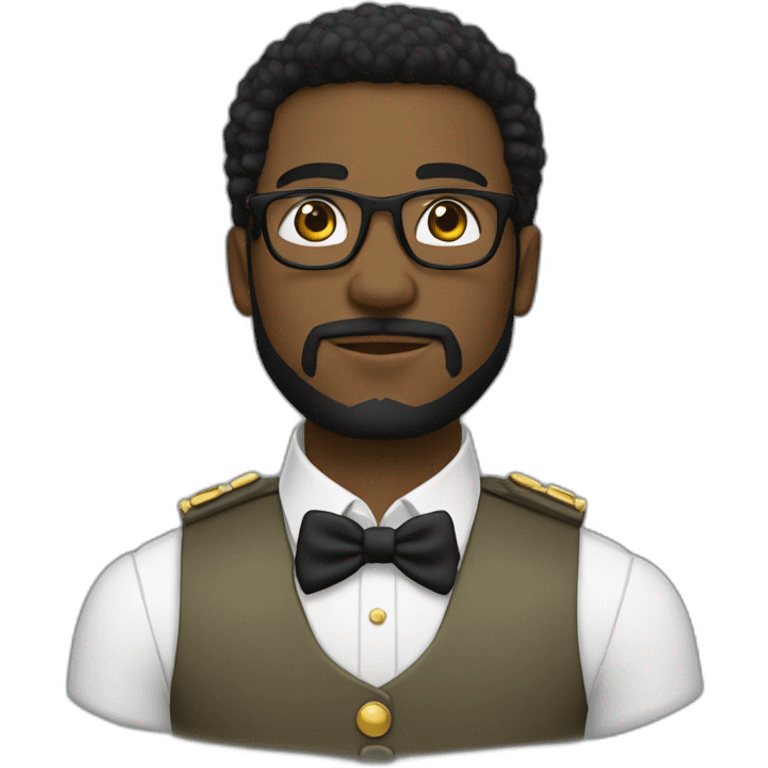 black soldier with beard, part in black hair, white collared shirt, bow tie, gold frame glasses, bulletproof vest  emoji