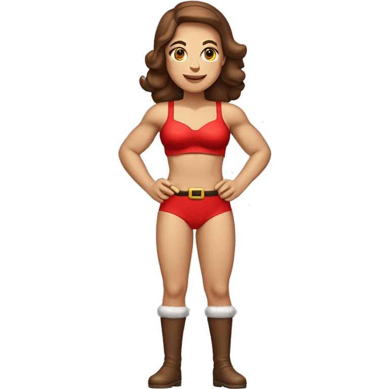 An athletic, muscular female Santa Claus figure with brown hair, wearing a modest, fully-covering red lingerie outfit in a tasteful, non-sexual, and family-friendly style emoji