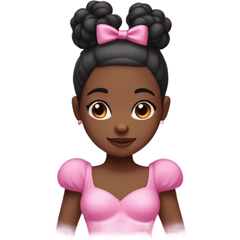 black kid girl with two black slick buns and a pink leotard holding a teddy bear with a pink bow on her hair emoji