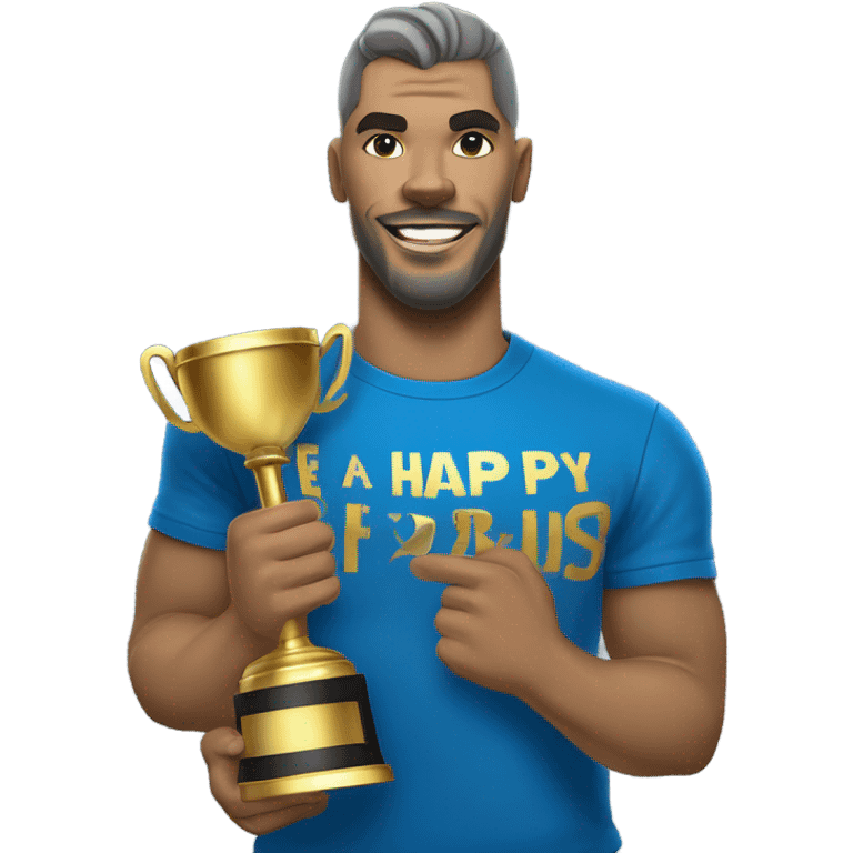 A happy Blue Cane Corso in a blue and gold tee shit with JJC on the front holding a huge trophy. emoji