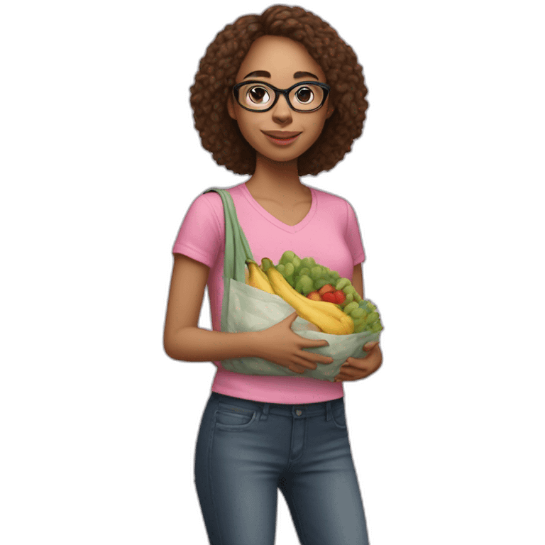 young light-skinned girl with brown hair, transparent glasses and a pink tote bag filled with groceries emoji