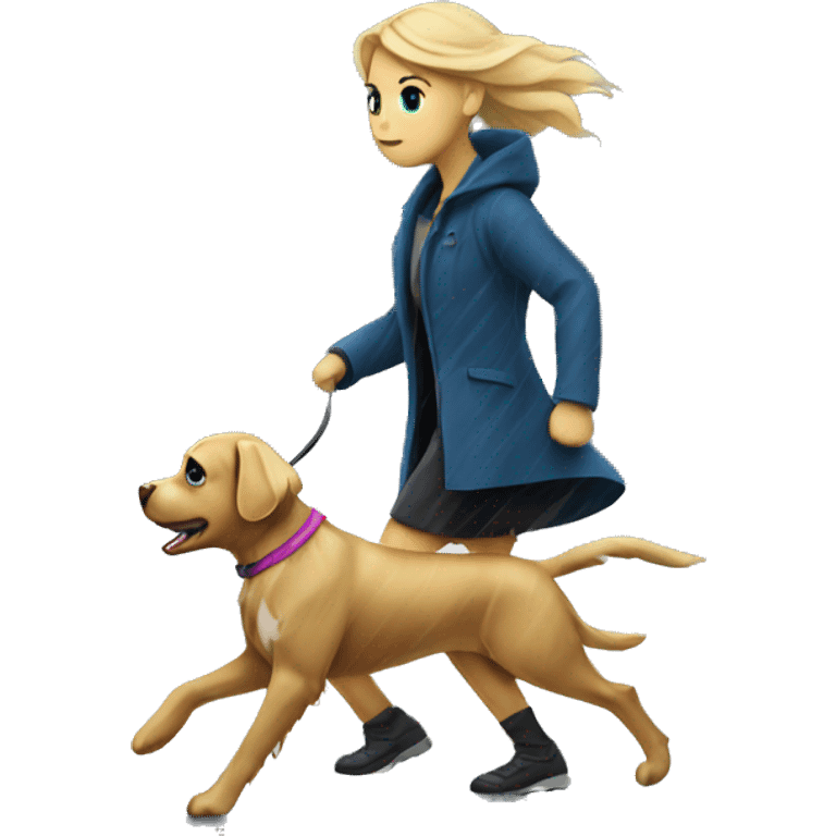 Blonde girl walking dog under the storm emoji