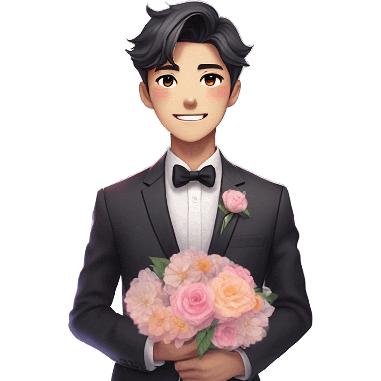 Gorgeous romantic anime style Asian formal modern gentlemanly guy with cat ears and flowers and blushing face aesthetic trending style outside with colorful gradient colors emoji