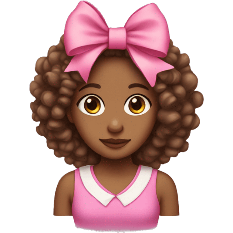 Brown girl with curly hair with a pink bow on her head  emoji