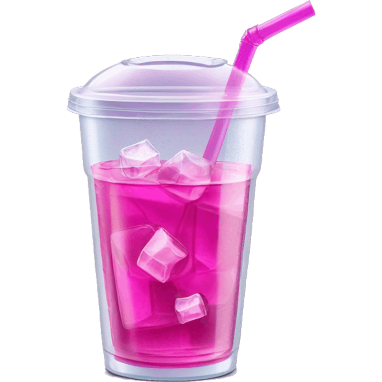 Realistic see through plastic cup and lid with half full Transluscent magenta soda,straw and large ice cubes inside. emoji