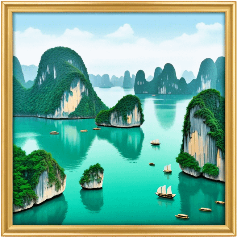 Cinematic Realistic Ha Long Bay Landscape Emoji, depicted with limestone karsts emerging from emerald waters rendered with intricate detail and dynamic natural lighting. emoji