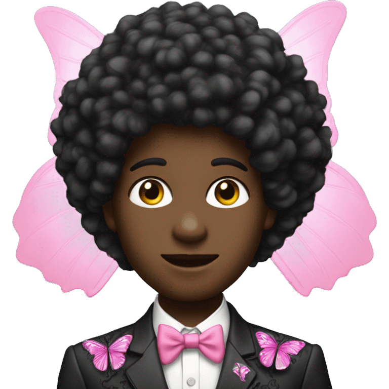 A black twink with afro mullet hair in an intricate suit, engraved with pink butterfly emoji