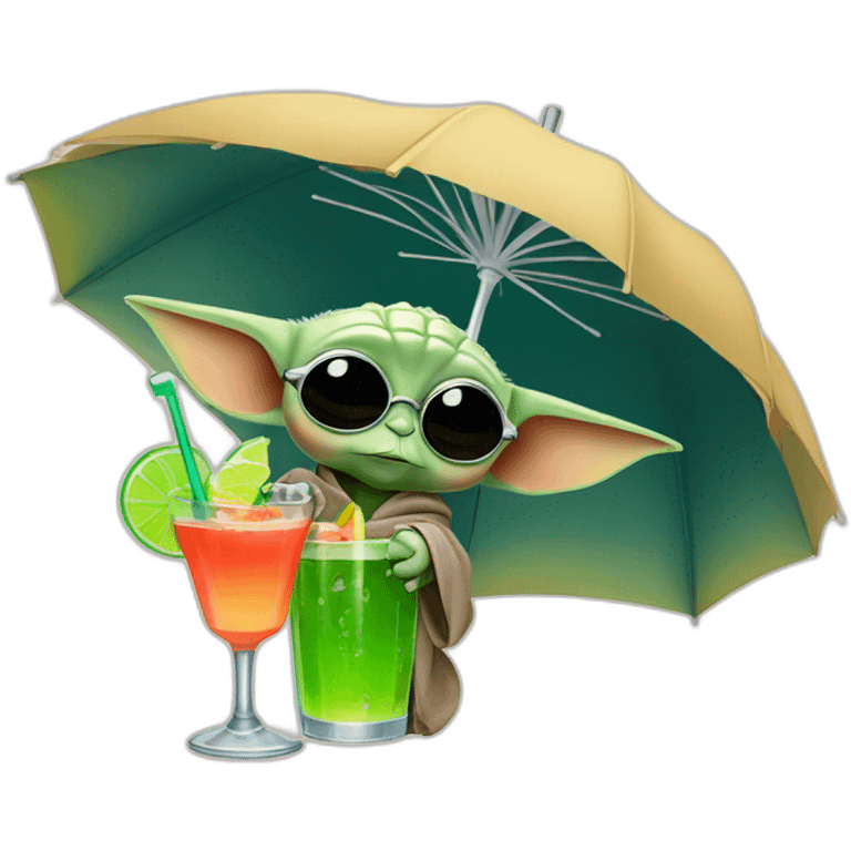 baby Yoda wearing sunglasses and drinking an umbrella cocktail emoji