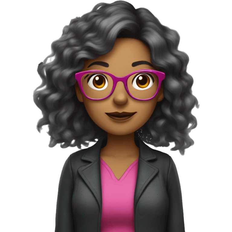 40 years old woman with dark brown long hair ,slidly curly and a yorkie wearing glasses with a dark pink frames  emoji