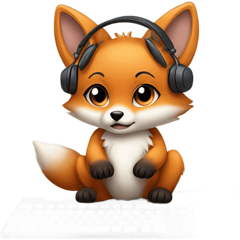 Detailled Baby kawaii fox with headphones on ears and keyboard computer emoji