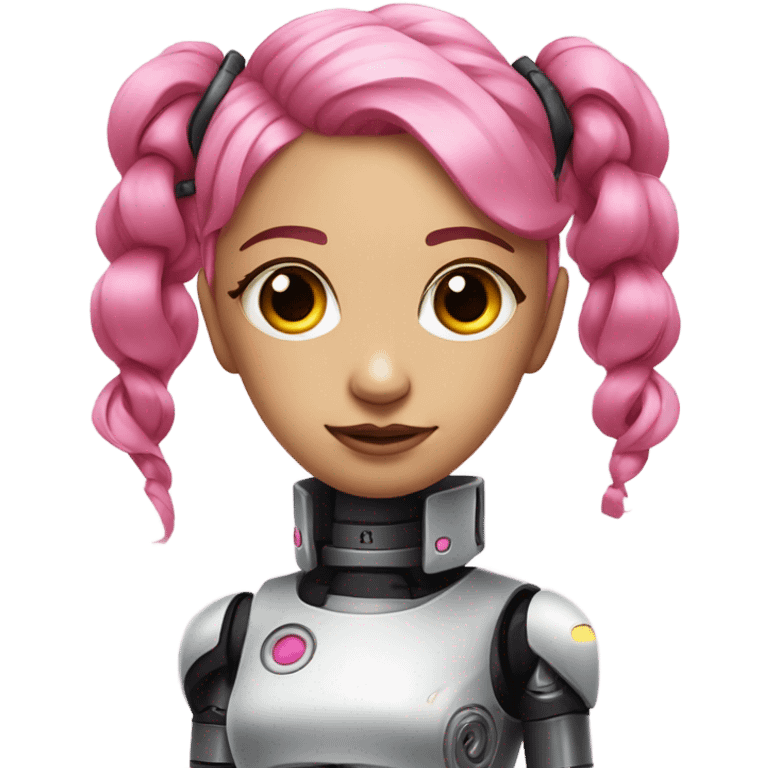 cyborg girl, pink hair, robot body, gynoid, twintails, cyberpunk, black collar, straight hair emoji