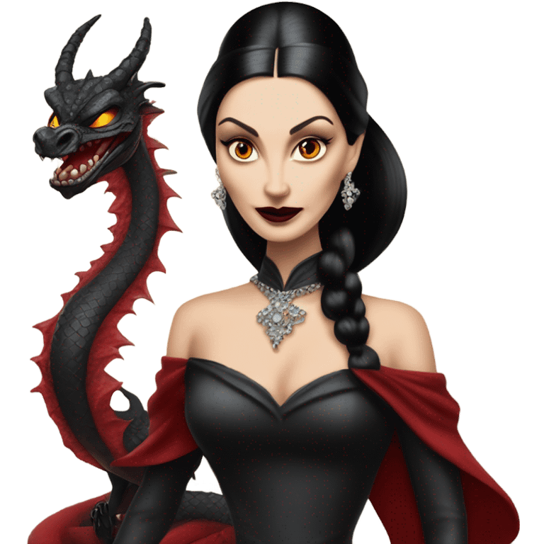 painting Lavish Victorian evening gown, young Morticia Addams Jedi wearing a mini tiara, riding on the back of a very large blood red evil-looking fire-spewing horned dragon emoji