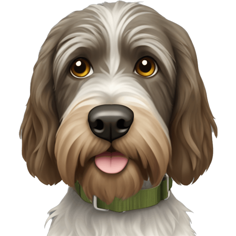 Black, brown and white wire-haired pointing griffon with an olive green collar emoji