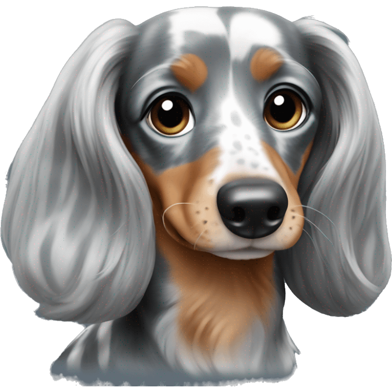 Long haired dachshund gray harlequin blue eyes emoji