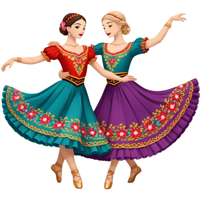 Cinematic Realistic scene of two dancers performing the Tarantella, dressed in vibrant, flowing traditional costumes with detailed embroidery and dynamic skirts, captured in festive motion with warm, lively lighting emoji