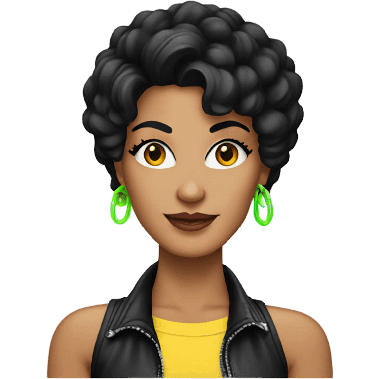 Tanned woman with black hair dressed in 1980s rock hair, makeup, and neon attire  emoji