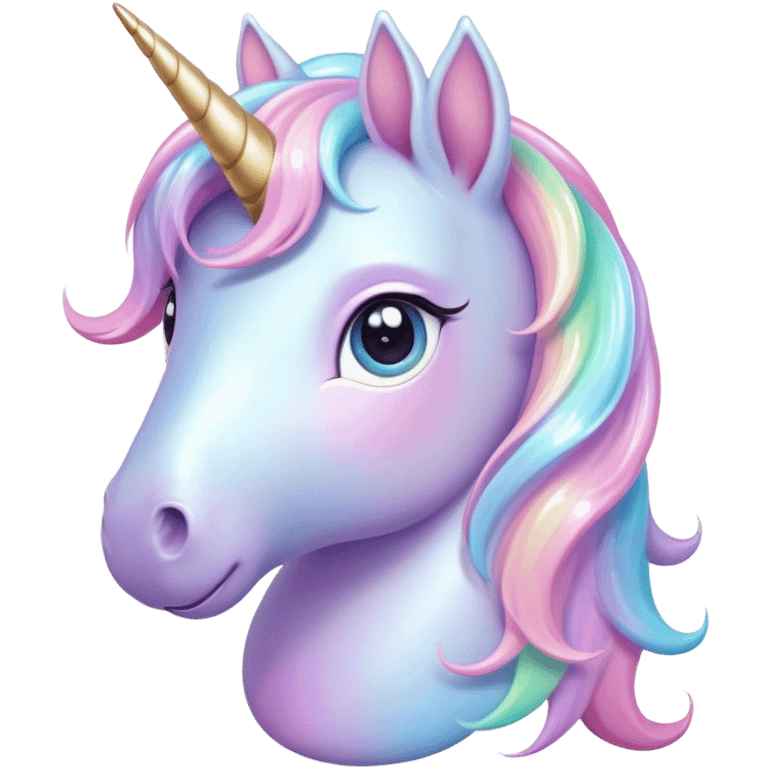 Cinematic pastel-colored unicorn, flowing iridescent mane, big sparkling eyes, tiny rounded hooves, soft chubby cheeks, delicate magical glow surrounding, enchanting and dreamy. emoji