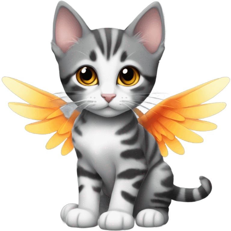 Grey and black tabby kitten with white legs and wings of fire  emoji