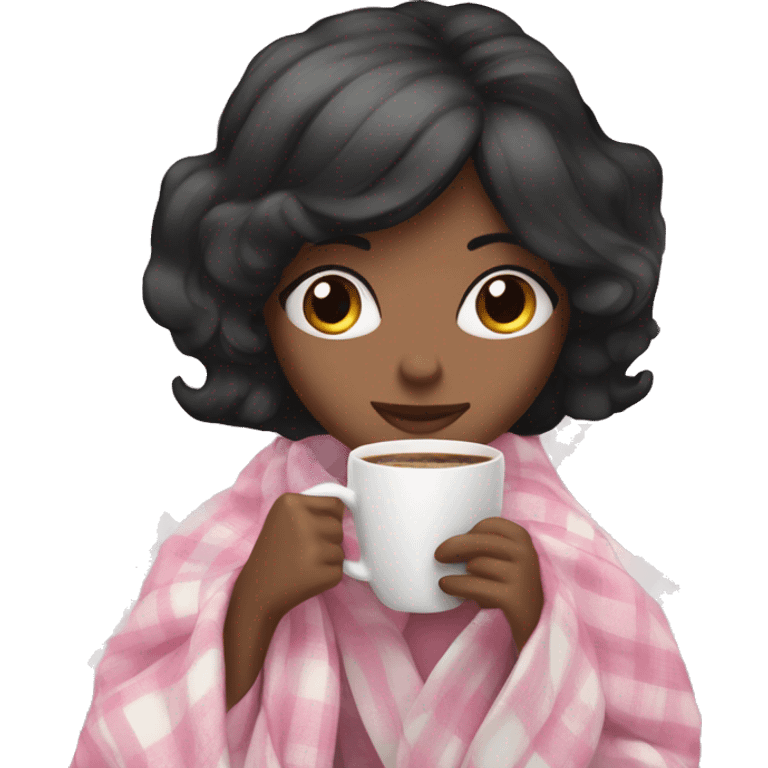 A cute black hair woman wrapped in pastel pink plaid blanket drinking coffee emoji