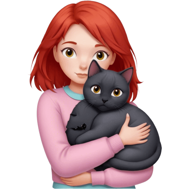 
a girl with red hair in pastel clothes hugs a black British cat emoji