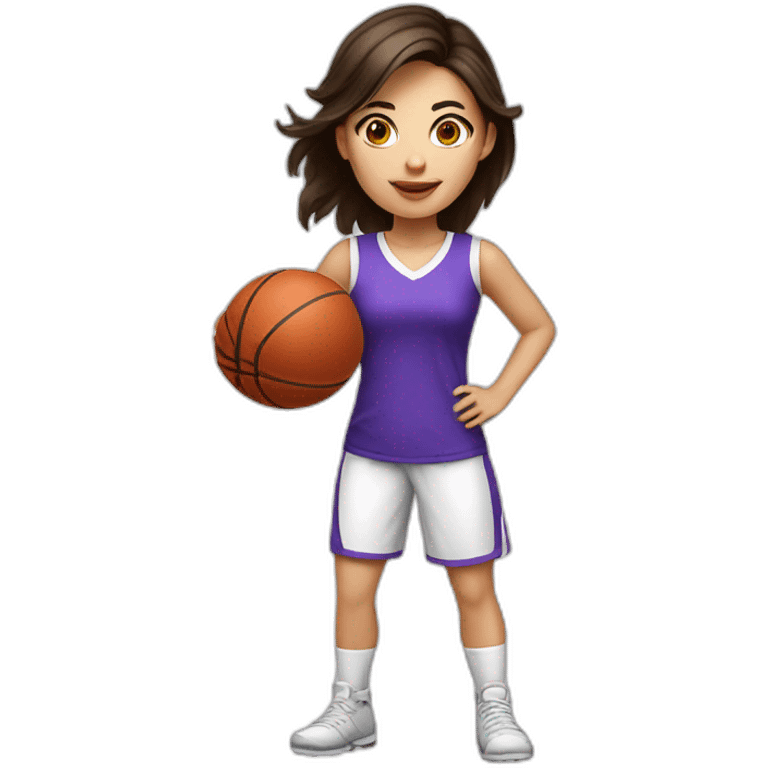 White skin brunette female playing football with small basket ball emoji