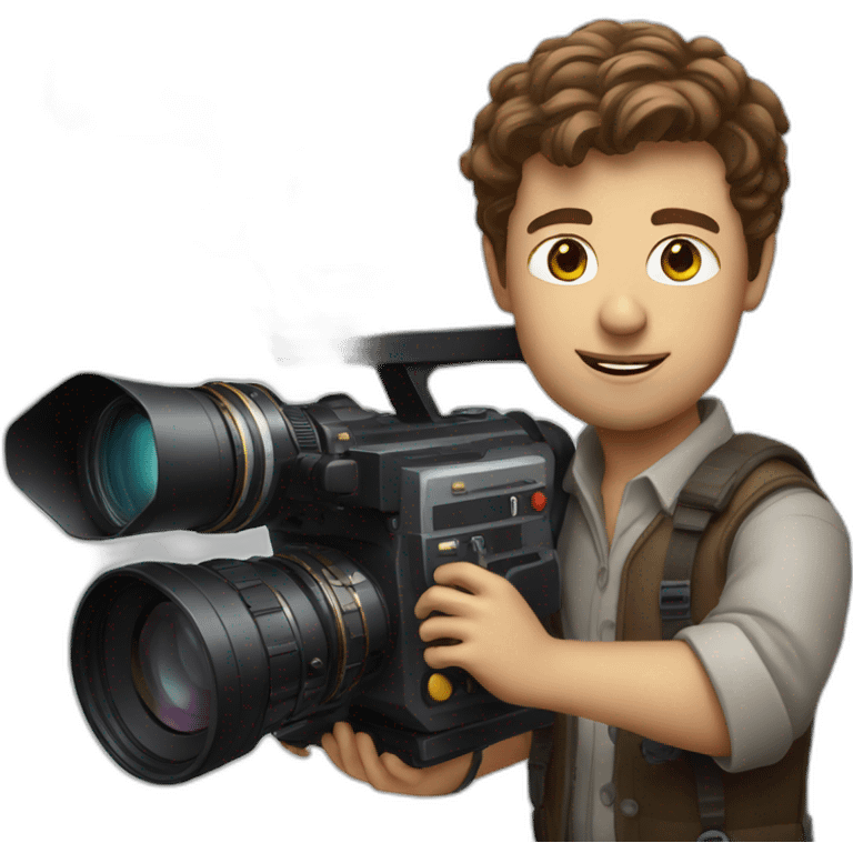 European film director with brown piled short hair holding a cinema camera emoji