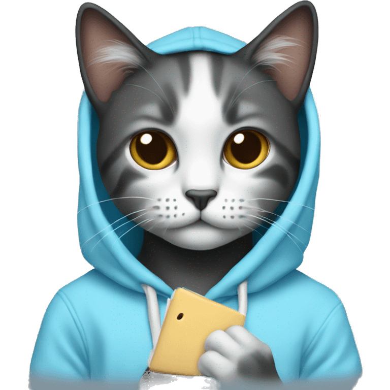 Cat wearing baby blue hoodie and a black MacBook emoji