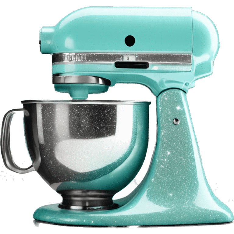 Realistic silver and pastel tiffany blue kitchenaid mixer with white shiny sparkly glitter and diamonds on it. emoji