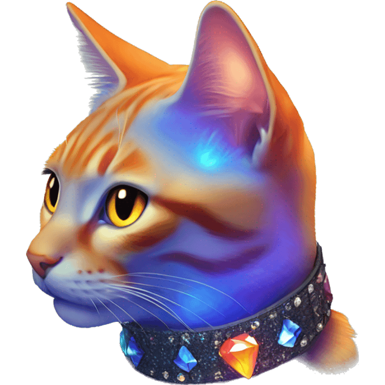 Orange Cat wearing Dark iridescent crystal collar glowing emoji