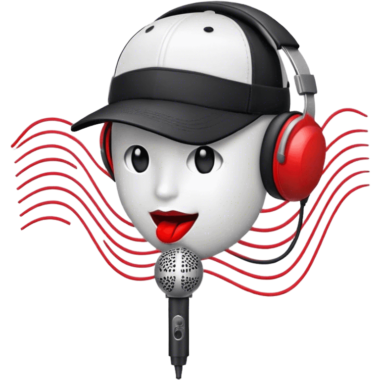 Create a dynamic and energetic emoji that represents beatboxing. The design should feature a stylized microphone with lips and baseball cap on it, sound waves emanating from it , symbolizing vocal percussion and rhythm. Add elements like headphones or a subtle speaker to emphasize the music production aspect. Use bold colors like black, white, and red to convey the intensity and creativity of beatboxing. The background should be transparent. emoji