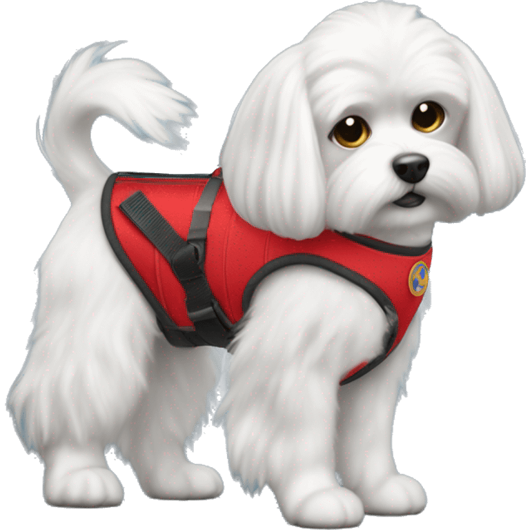 Maltese wearing a red service dog vest with to bleck straps emoji