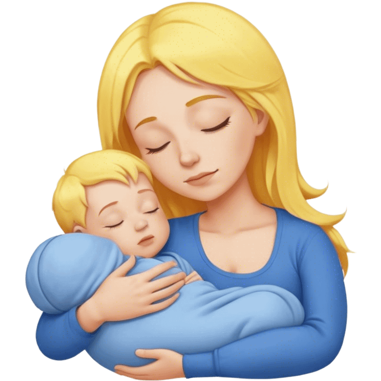 Mother is holding a baby, the mother has yellow hair and pink clothes, the baby is sleeping in blue clothes emoji