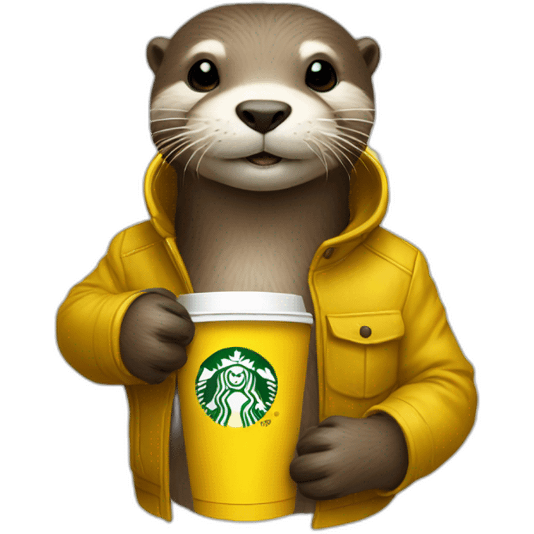 Otter with yellow coat drinking starbucks emoji