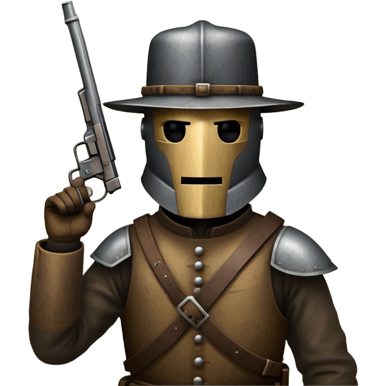 Cinematic Realistic Ned Kelly Portrait Emoji, depicted as the legendary Australian bushranger in his iconic homemade iron helmet and armor, gripping a revolver with a defiant stance. The scene is rendered with gritty textures and dramatic, shadowed lighting, evoking the lawless frontier and his rebellious, fearless legacy. emoji