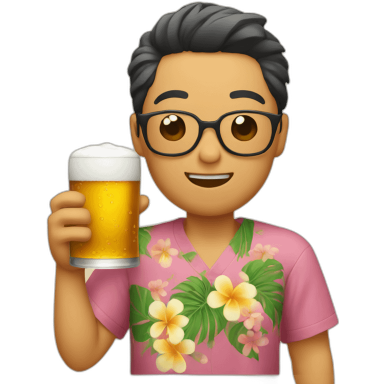 Japanese wearing roundglasses alohashirt is holding beer emoji