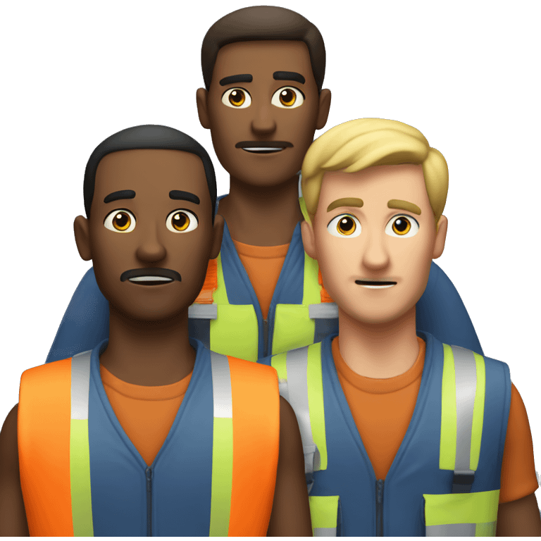 A team of 3 men and one has a warning vest
 emoji