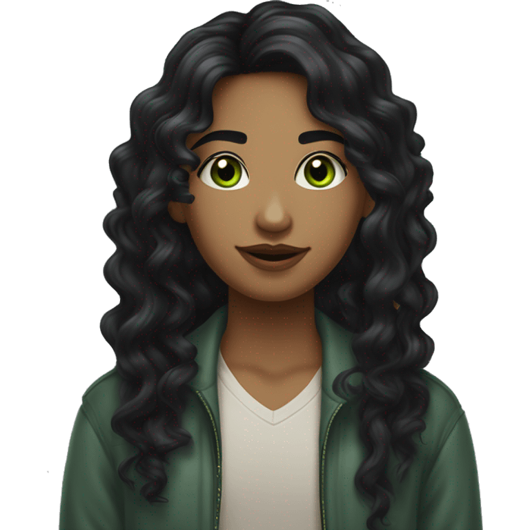 long curly black hair,eyes with a hint of green, eyes positive  canthal tilt ,medium thick shaped eyebrows , and medium thin lips, round face shape, soft jawline, full body, teen, sensual, american emoji