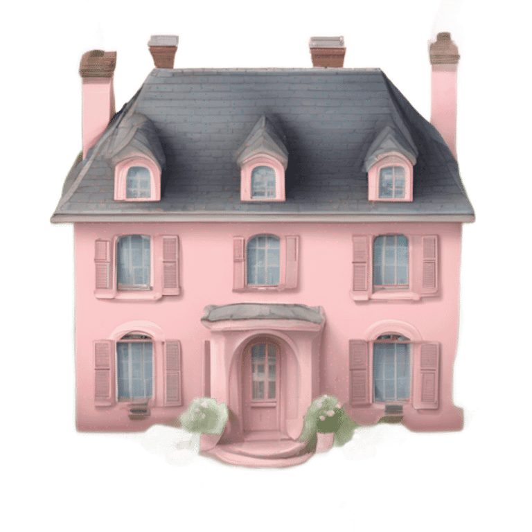 pastel pink 19th century house surrounded by amazing french style garden with rose bushes and apple tree orchards and water fountains emoji