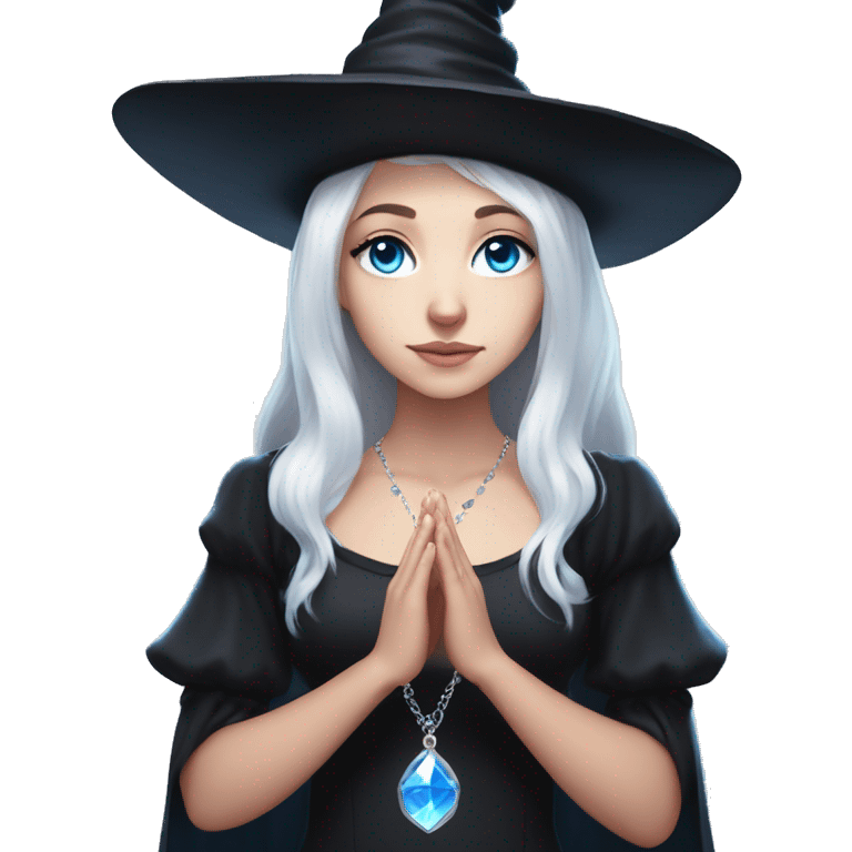 pale young witch wearing a low cut black dress, a pink crystal necklace, and a witch hat, with white hair and bright blue eyes, making prayer hands emoji