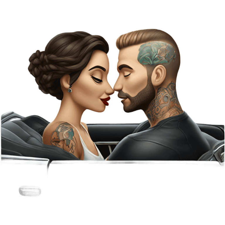 Hyper Realistic gorgeous woman and handsome tattooed man kissing in the front seat of a car emoji